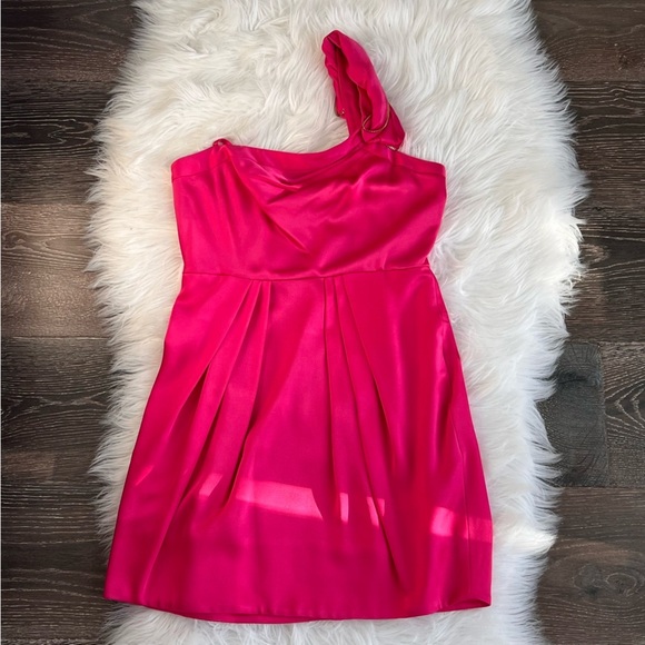 NWT! BCBG MaxAzria Azalea Barbie Hot Pink One Shoulder Satin Mini Dress size 6 P - Picture 3 of 11